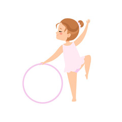 Poster - Cute Flexible Little Ballerina Doing Exercise with Hoop, Girl Gymnast Character Training Vector Illustration