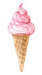 Pink ice cream in the cone isolated on white background, watercolor illustration