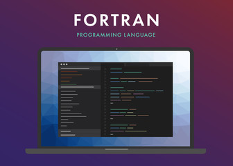 Fortran programming language. Learning concept on the laptop screen code programming. Command line interface with flat design and gradient purple background.