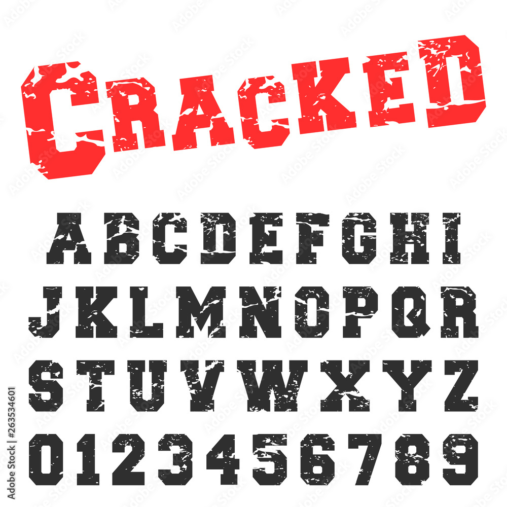 Alphabet font template. Vintage letters and numbers cracked stamp ...