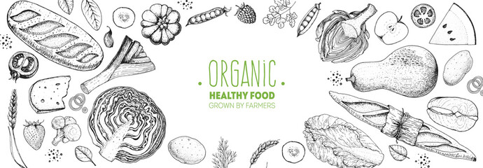 Wall Mural - Healthy food vector illustration. Hand drawn sketch. Organic products set. Farm market food collection.