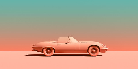 Vintage toy car on color background. minimalism design poster. Rental car for travel. 3D illustration