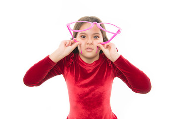 Wall Mural - going on party. little girl child with party glasses isolated on white. small pretty girl with happy