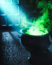 3D Illustration Of A Witches Cauldron With Green Potion