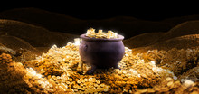 3D Illustration Of A Cauldron On A Pile Of Golden Coins