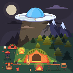 Aliens abduct people. Vector flat graphic design illustration