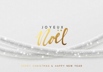 Wall Mural - Glowing Christmas background. French text Joyeux Noel. Design traditional Christmas decorations, silver tinsel, bright light garlands.