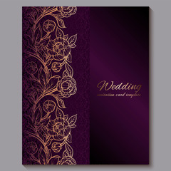 Exquisite royal purple luxury wedding invitation, gold floral background with frame and place for text, lacy foliage made of roses or peonies with golden shiny gradient.