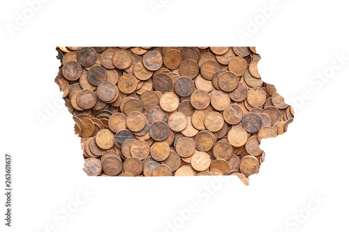 Fotografía Iowa State Map and Money Concept, Piles of Coins, Pennies