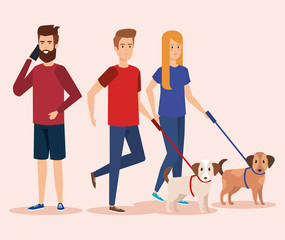 Wall Mural - young people with dog and smartphone