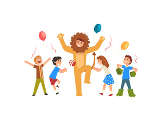 Sticker - Happy Children Having Fun with Animator in Lion Costume at Birthday or Carnival Party, Entertainer in Festive Costume Performing Before Kids Vector Illustration