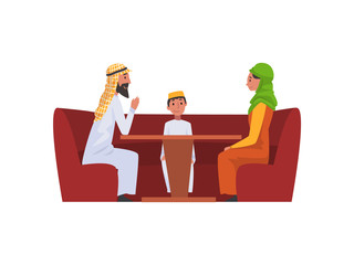 Wall Mural - Happy Arab Family in National Clothes in Cafe, Muslim Parents with Their Son Sitting at Table Vector Illustration