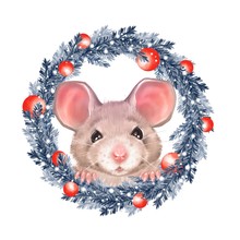 Cute Cartoon Rat With Watercolor Christmas Wreath
