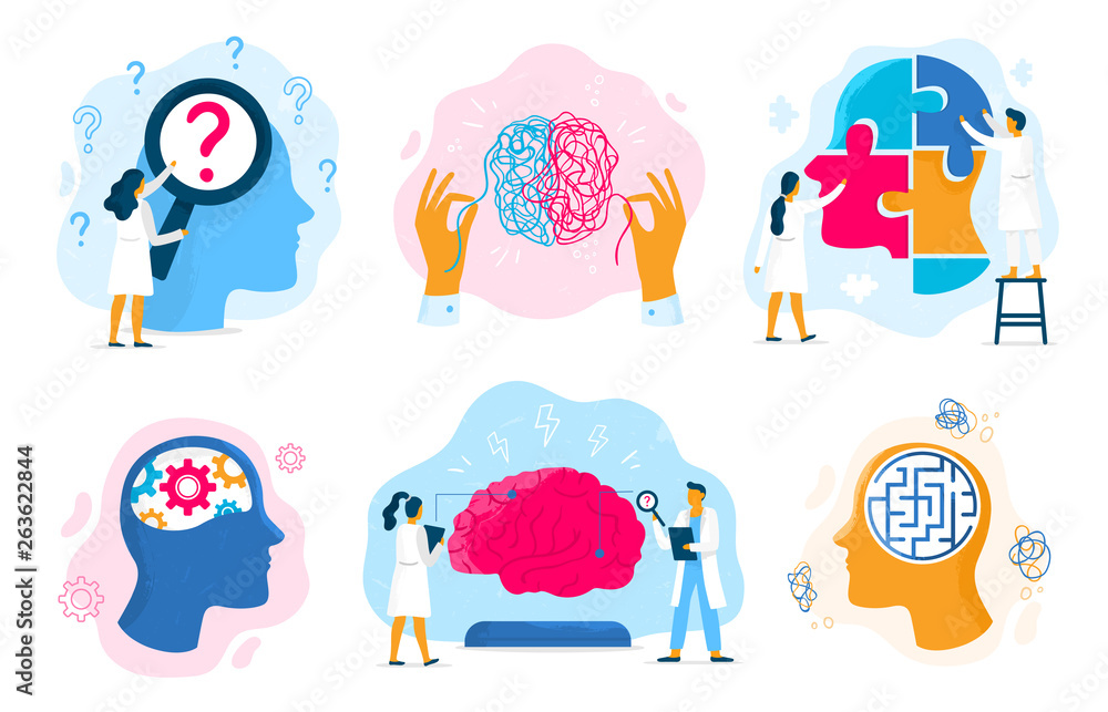 Mental health therapy. Emotional state, mentality healthcare and medical therapies prevention mental problem vector illustration set - obrazy, fototapety, plakaty 
