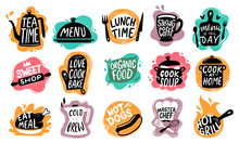 Food Lettering. Bakery Kitchen Sweets, Hot Dogs Badge And Organic Food Logo Vector Set