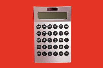 grey plastic calculator lying isolated on a red background. back to school concept