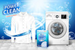 Laundry detergent ad. Stain remover banner design with realistic washing machine and laundry detergent package with clean white shirt. vector illustration