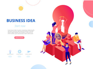 Wall Mural - Business idea and project. Homepage, landing page or webpage design template with people and lightbulb.