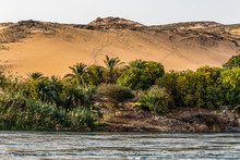 Sunset, Sand Dunes On The Coastline Of The Nile River Part Called First Cataract, Aswan Egypt