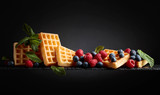 Fototapeta  - Waffles with  blueberries, raspberries  and fresh mint.