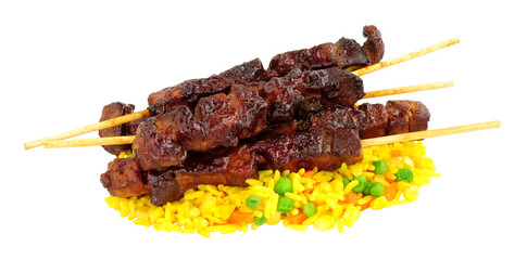 Canvas Print - Sticky pork kebabs and vegetable rice isolated on a white background