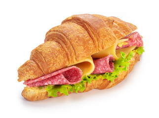 Wall Mural - croissant sandwich with salami and cheese isolated on white