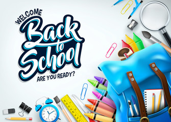 back to school in white background banner with blue backpack and school supplies like notebook, pen,
