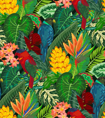 Wall Mural - Seamless vector pattern with tropic parrots with exotic flowers and palm leaves.