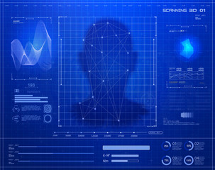 Aufkleber - Portrait of face. Biometric identification or recognition system of person face or voice. Authentication System Concept in futuristic background. HUD UI GUI elements. Technology and AI Concept. Vector