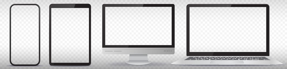 Wall Mural - mobile phone, tablet pc, computer monitor and laptop vector illustration set with transparent screen