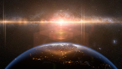 Wall Mural - sunset over planet Earth, the city light North America in front of the Milky Way (3d illustration, elements of this image are furnished by NASA)