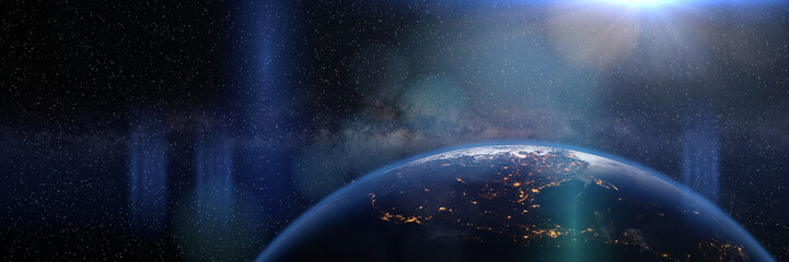 Wall Mural - sunset over planet earth, the city light north america in front of the sun (3d illustration banner, 