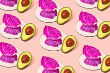 Fresh Avocado And Cabbage Pattern On Pink Background Flat Lay