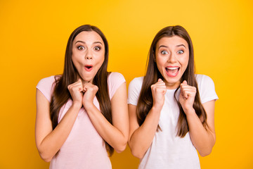 Sticker - Close up photo two people pretty beautiful funky funny she her models ladies yelling lucky is it true really not believe lottery big money wear white pink casual t-shirts isolated yellow background