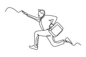 Wall Mural - Continuous line drawing of worker jumping to show his success.