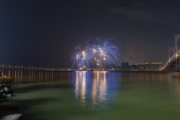 Wall Mural - Macau, China, 8th September 2018. 29th Macao International Fireworks Display Contest, theme A Mystified Fireworks Dream, Belgium Team.