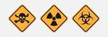 Danger Signs, Yellow Diamond. Sign Of Radiation, Toxicity And Bio-hazard Sign. Vector Isolated Icons On White Background.