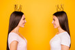 © deagreez - Close-up profile side view portrait of nice-looking cute charming lovely sweet attractive cheerful cheery straight-haired girls isolated over bright vivid shine yellow background