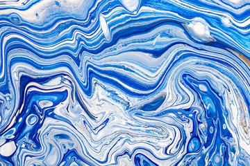  Hand painted background with mixed liquid blue, white, yellow paints. Abstract fluid acrylic painting. Applicable for packaging, invitation, textile, wallpaper, design of different surfaces