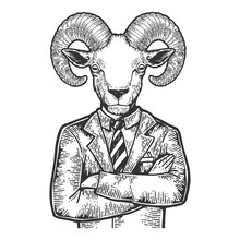 Ram Head Businessman Sketch Engraving Vector Illustration. Scratch Board Style Imitation. Black And White Hand Drawn Image.