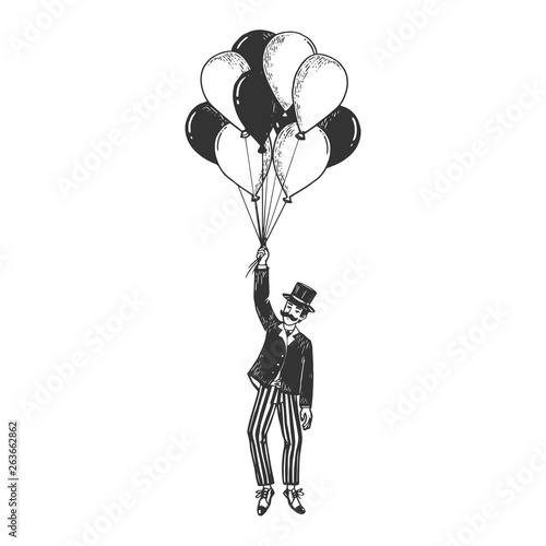 Fotografía Old fashioned gentleman flying on air balloons sketch engraving vector illustration