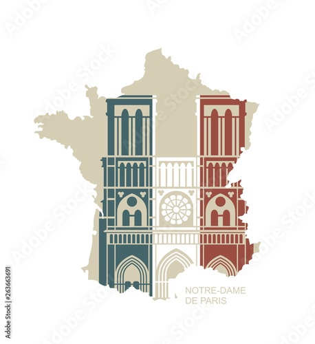 notre dame de paris cathedral in the colors of the french flag vector flat icon in the form of a map of france buy this stock vector and explore similar vectors
