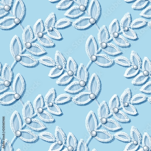 Lace seamless pattern with decortive white leaves and pearls on blue background
