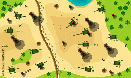 Fotografía Battlefield cartoon vector illustration top view concept.
