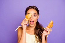 Closeup Photo Portrait Of One Astonished With Bronzed White Skin She Her Lady With Childish Mood Closing Eyes With Small Two Croissants Isolated Violet Background
