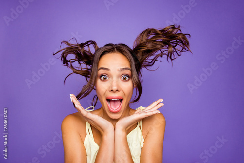 Closeup photo portrait of shocked surprised amazed astonished funny funky she he Tableau sur Toile