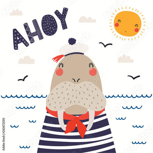 Hand drawn vector illustration of a cute walrus sailor, with sea waves, seagu...