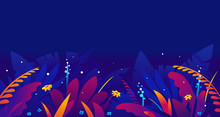 Exotic Tropical Plants And Flowers In Jungle Night In Violet Saturated Colors, Horizontal Banner With Tropical Plants On Dark Background