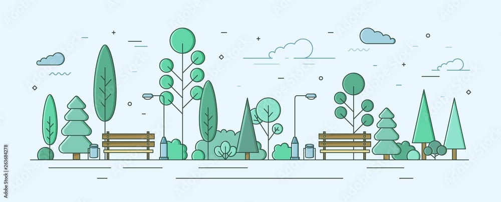 City park or garden with trees, bushes and street facilities. Outdoor recreational area or zone. Creative colorful vector illustration in modern linear style for urban public location planning. - obrazy, fototapety, plakaty 