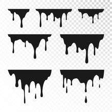 Dripping Paint Set. Liquid Drips. Black Ink Runs. Vector Illustration Isolated On Transparent Background